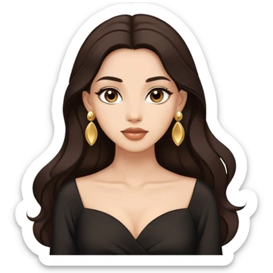 Beautiful woman,cute, long dark brown hair in dark dress with gold earrings sticker