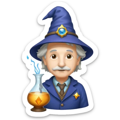 Albert Einstein, wearing wizard hat custome, with glass vase sticker
