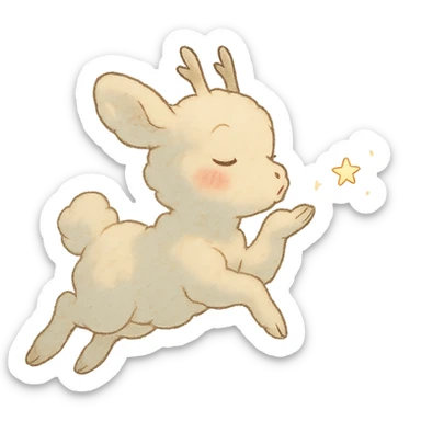 vanilla cloud doe with rosy cheeks, floating in the air, blowing a sparkling kiss, soft ghibli style sticker