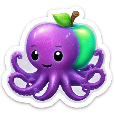 Neon glitter kawaii octopus holding neon apple  sticker