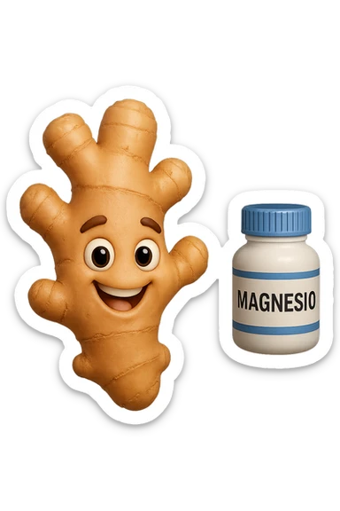 emoji stile iphone 3d di un pezzetto di zenzero e una boccetta di magnesio con la scritta "MAGNESIO" SULL'ETICHETTA CHE FLUTTUANO IN ARIA, iperrealistico 4k sticker