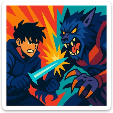 Sun Jin Woo vs Baruka, couleurs éclatantes, style vibrant toon sticker