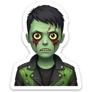 Hombre zombie de piel verde con chaqueta de cuero punk, pelo corto negro sticker