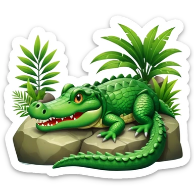 Crocodile resting, surrounded by rocks, water, and tropical plants. The green scales of the crocodile glisten under the light, with its sharp eyes focused ahead. The background features a naturalistic habitat with plants and water, giving it a lifelike feel. sticker