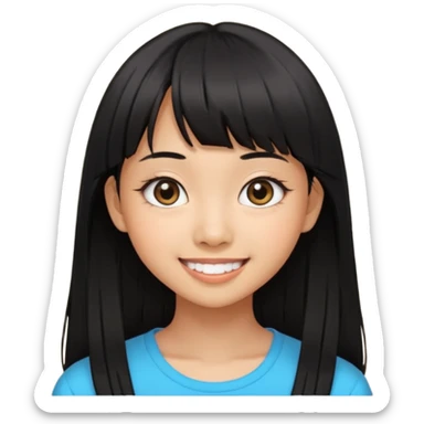 20 yr old asian woman hair  center part big eyes big smile tanned skin straight black hair center part hair long bangs sticker
