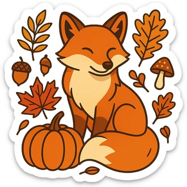 t-shirt design, vector illustration of a fox surrounded by autumn elements (fallen leaves, acorns, mushrooms, pumpkins), warm autumn color palette (orange, red, yellow, brown), clean bold lines, detailed but stylized, centered composition, no background, isolated graphic, modern flat style sticker