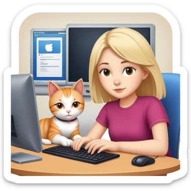 A girl is working in front of a computer, and a cat is lying next to the computer sticker