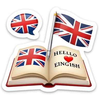 An icon featuring an open book with English words and phrases, a speech bubble with 'hello', and a British flag. The design includes a pen, alphabet letters, and grammar symbols, symbolizing the study and mastery of the English language. Transparent background. sticker