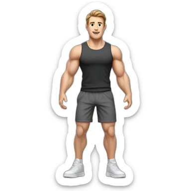 Full height realistic Actively gesturing with hands Pale skinned Fit Man With the biceps and brown hair in dark gray Sleeveless Mike, black oversize sports shorts, watch and white Sneakers sticker