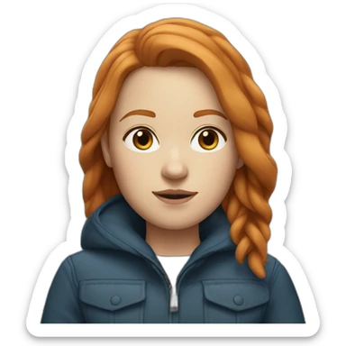 Straight, ginger hair and blue eyes woman with a Canadian jacket sticker