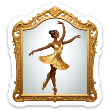Cinematic Realistic Mirror, a large, ornate mirror reflecting a dancer’s poised silhouette, soft golden light creating depth, slight smudges on the glass adding realism, glowing with a timeless and artistic presence. sticker