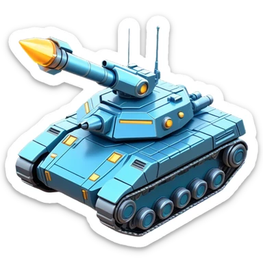 Clash of Clans aesthetic: Cinematic Playful Space Tank Emoji, rendered in a 3D vector-style similar to standard emojis with minimal shading and bold, simplified shapes. A robust, isometric armored vehicle with sleek futuristic plating and energy cannons, softly glowing with a high-tech cosmic combat charm. Simplified yet unmistakably iconic, highly detailed and consistent, glowing with a soft radiant shine and high gloss. Stylized with a touch of intergalactic warfare and a soft glowing outline, capturing the essence of a futuristic battle machine with a friendly, playful spirit! sticker