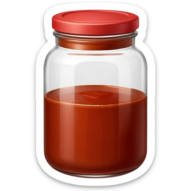 realistic glass jar with enchilada sauce, reddish-brown, smooth thick glossy sauce, visible texture, deep earthy red, simple minimal jar, closed or open lid, no label, no spoon, no garnish, no faces, clean 3D, soft lighting, transparent background, emoji scale sticker