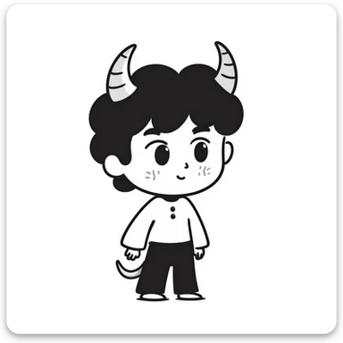 hand-drawn chibi demon with big head, tiny body, cute horns and mischievous smile sticker