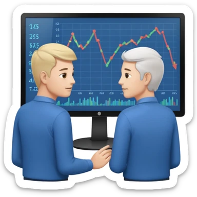teaching somebody else in person, in the same place, watching the same monitor together, the trainee and trainer are in the similar age, two both are men, the monitor should be showing some data graphs  sticker