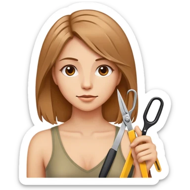 Mujer con cabello a la altura de hombros, cabello color chocolate claro, con tijeras y cinta de medir  sticker