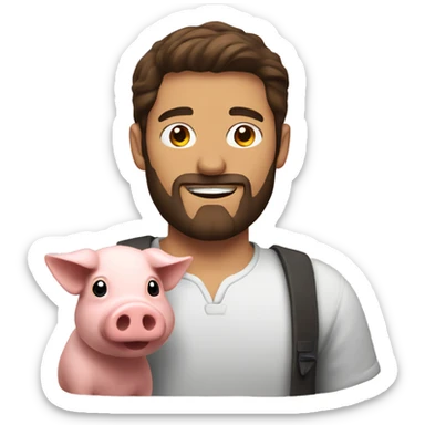 Brunette man with beard holds pig  sticker