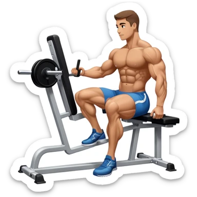 side-view bodybuilder seated weighted calf-raise machine lower leg exercise sticker