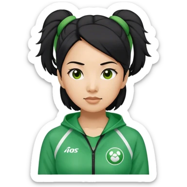 Cha: Age 45, a Asian old woman with black hair tie, Green player tracksuit sticker