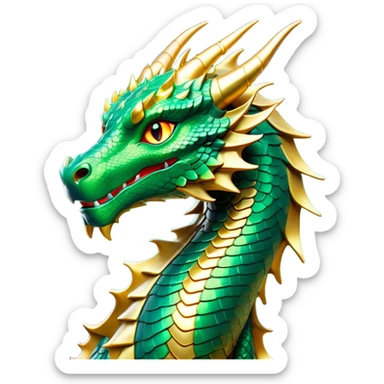 Cinematic Noble Dragon Portrait Emoji, Poised and majestic, with a sinuous, elongated build and shimmering, scale-covered skin in hues of emerald and gold, piercing, fiery eyes, Simplified yet sharp and sophisticated features, highly detailed, glowing with a mystical, radiant glow, high shine, intelligent and formidable, stylized with an air of ancient power, focused and attentive, soft glowing outline, capturing the essence of a watchful and legendary dragon that feels as though it could soar out of the screen with effortless authority! sticker