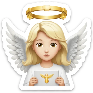 "An angel emoji with blonde hair, a halo, wings, holding a 'COMPARTILHAR' sign in bold letters." sticker