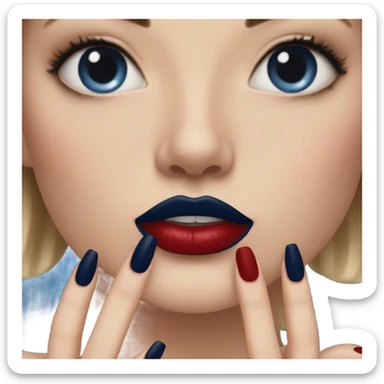long dark blue manicure at the mouth with red lipstick sticker