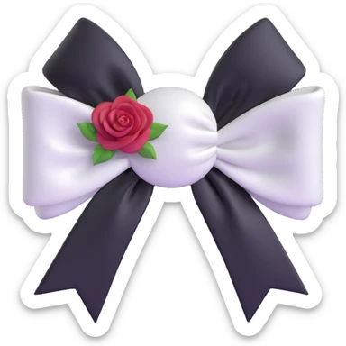 3D emoji gothic bow, white silk, silver crescent moon, black rose center sticker