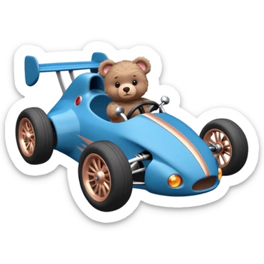 dark crystal blue and rosegold-accented rc racing car driven by a small cute fearless teddy baby bear with rear spoiler, roll bar, and wheely bar sticker