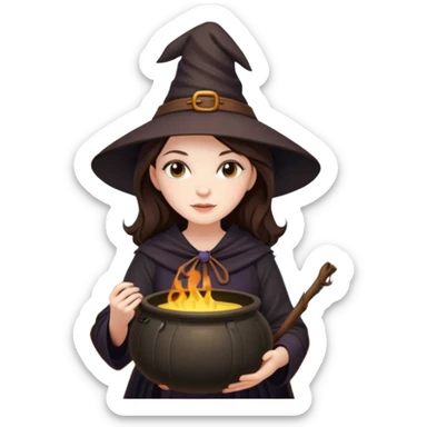 Pretty Brunette Witch in forest with cauldron during autumn  sticker