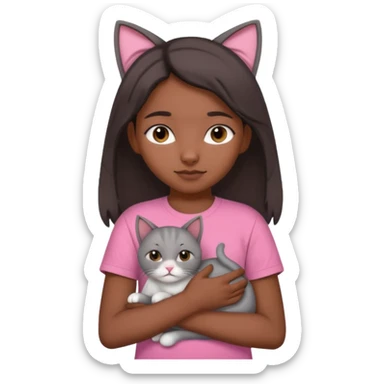 An Indian teenager girl with a pink t-shirt holding her gray cat with folded ears sticker