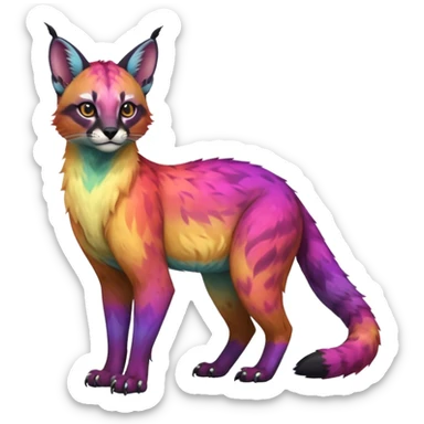 Realistic Colorful pale nebula gradients-colored randomly-colored fruity glorious exotic neon vibrant zigzagged fantasy-caracal-civet-genet-sergal-vernid-Gryphon-Cacomistle-Trico-oncilla-animal-Fakémon-hybrid-fursona (full body), facial markings, (realism style) sticker