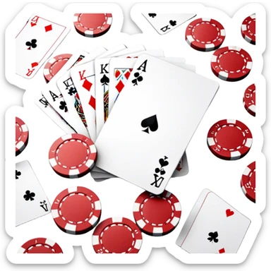 A photorealistic icon featuring playing cards, poker chips, and a deck of cards spread out on a table. Bright, detailed design with realistic textures and lighting. Transparent background, clearly symbolizing card games and strategy. sticker