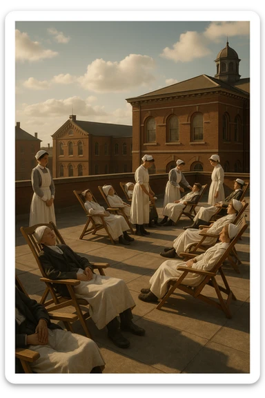 A realistic cinematic image of a hospital rooftop solarium from the 1900s, patients sunbathing under nurse supervision for heliotherapy against tuberculosis and rickets.” sticker