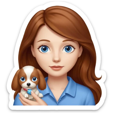 long hair chestnut color blue eyes woman holding small cream dog sticker