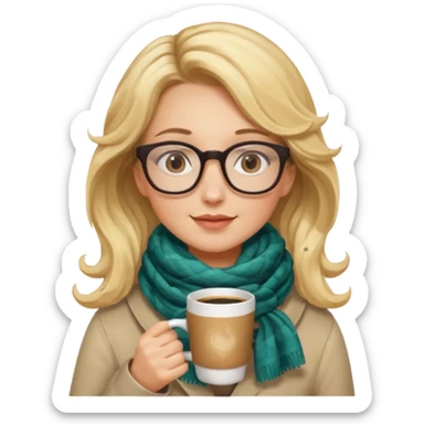 a girl drink with blonde wavy hair, wearing glasses, having scarf, drink coffee sticker