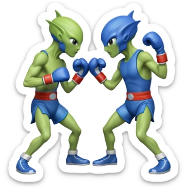 two aliens boxing in a fight stance, facing each other with raised gloves, dynamic action pose, intense expressions, sci-fi arena vibe, 3D cartoon style, mobile game icon style, clean background, no text, no watermark
 sticker