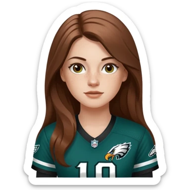 White girl with long milk chocolate brown hair parted down the middle and freckles wearring a Philadelphia eagles jersey sticker