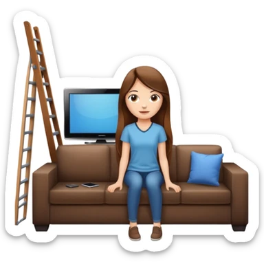 beautiful girl with long brown hair constructing new lounge room area with flat screen tv and couch sticker