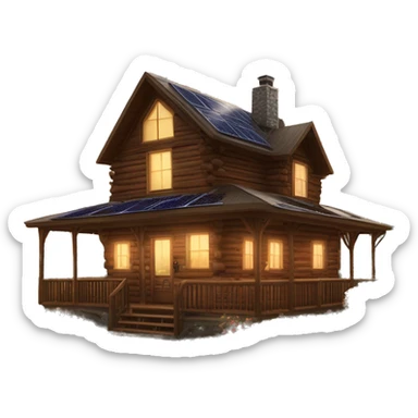 Skywalker Cabin is a very Very big Wood Cabin near tree on the mountain in the background. The cabin is 5 stories tall with extensive solar arrays on top. The cabin sits on thick grass fields. porch lights on ,guests on porch smoking ,flowers and bushes  sticker