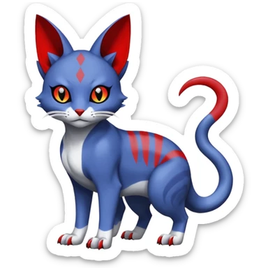 Dark-greyish-blue-grey-black, with red markings, white belly, scaley Bastet-Noibat-Gatomon-Digimon-Fakémon-Pokémon-creature (full body) sticker