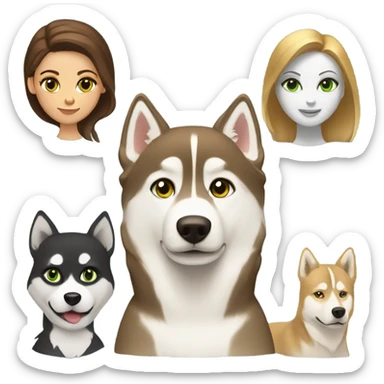 White Woman hair brown and bleus eyes and golden Husky With green eyes sticker
