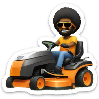 Black man with afro, beard and sunglasses pushing a lawnmower and listening to music with sun rising in background sticker