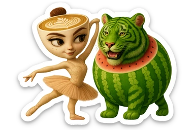 Combine the watermelon tiger character and the ballerina cappuccino character together as a couple, standing close and interacting affectionately. Keep their original styles and details intact. Transparent background. sticker