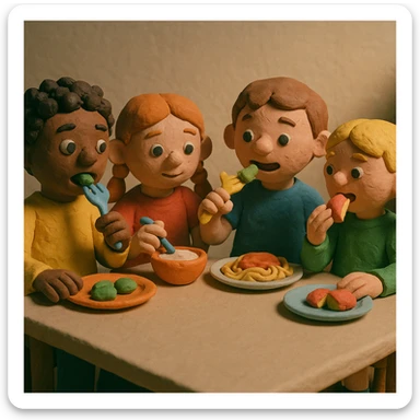 Children eating, matte, plasticine claymation with visible fingerprints and pastel colors. sticker