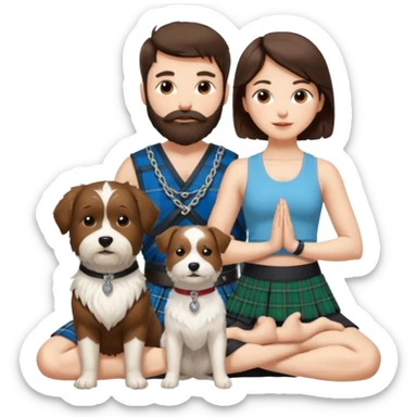 emoji of brunette man with beard wearing kilt, brunette woman in yoga outfit and one white fluffy dog sticker
