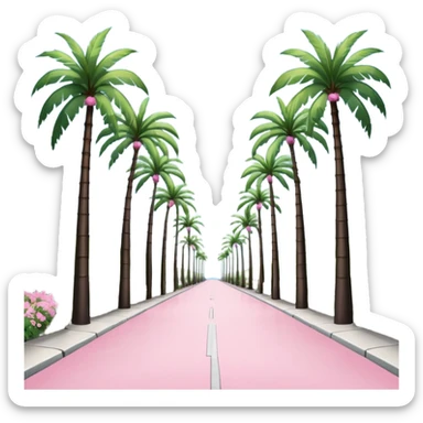 palm tree lined pedestrian pathway with tall green palm trees on both sides, pink flowering bushes, clear blue sky, bright sunny weather with symmetrical perspective view down the road. grey concrete road sticker