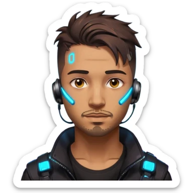 Cyberpunk street adult, hispanic, male, messy undercut, glowing earpiece, light stubble, brown eyes, neon reflections, headshot sticker