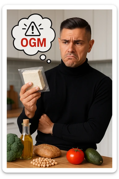 un uomo in cucina tiene in mano una confezione di soia o tofu, osservandola con un’espressione scettica e preoccupata. Sopra la confezione, una nuvoletta di pensiero mostra la scritta “OGM” evidenziata in rosso, accompagnata da un simbolo di allarme o un punto interrogativo. Sullo sfondo, altri alimenti naturali sono visibili sul tavolo, sottolineando la sua preferenza per prodotti non OGM. sticker