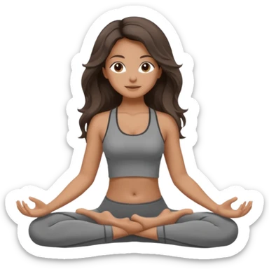 a brunette girl doing yoga, she is wearing a grey fit and she has dark long, wavy and loose hair.  sticker