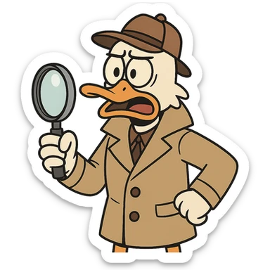 duck detective wearing a trench coat and detective hat holding a magnifying glass with an expressive face in cartoon style sticker